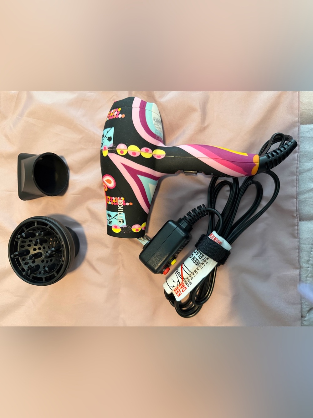 amika Black Travel Hair Dryer with Colorful Floral Pattern and Case - GUC - Picture 2 of 7